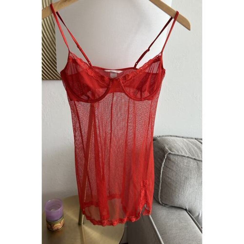 Victorias Secret Y2K Red Lace Babydoll Slip 36C Mesh sheer Vampy Witchy